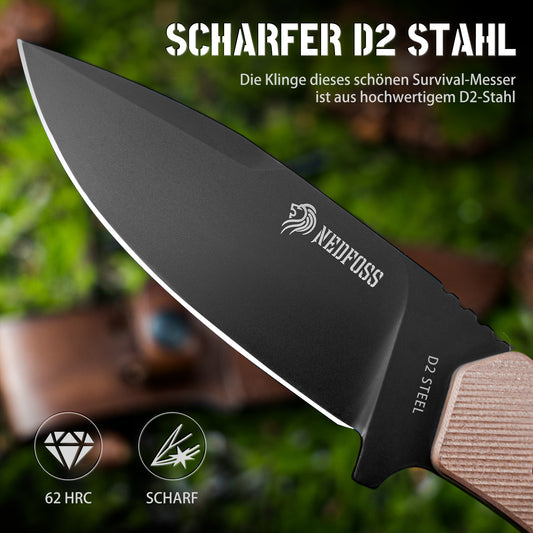 NedFoss BOAR Messer Outdoor, 10cm D2 Stahl Klinge, Full Tang Survival Messer mit G10 Griff, Fahrtenmesser mit Scheide und Feuerstahl