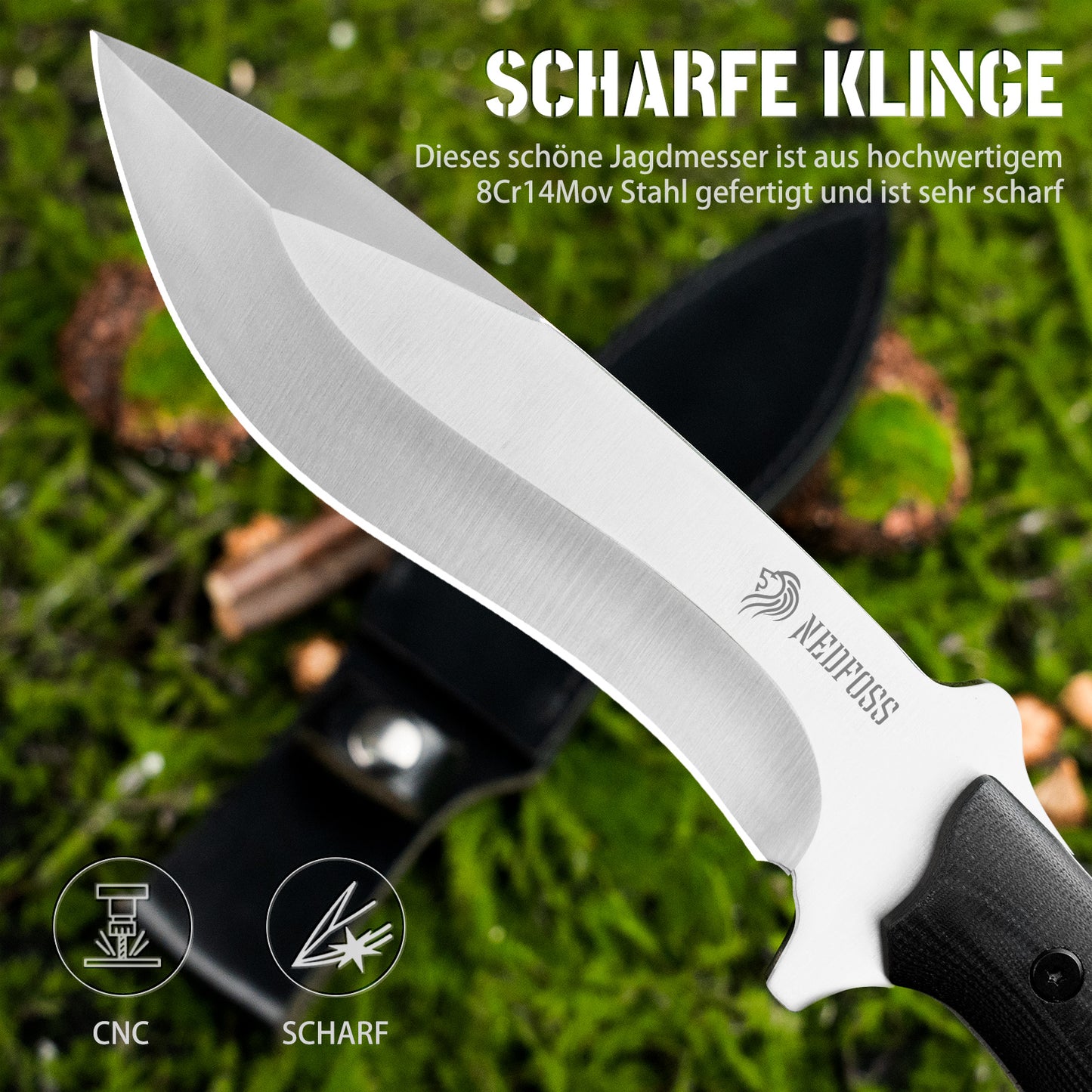 NedFoss BIG DOG Kukri Outdoor Messer mit Echtleder-Etui, Survial Jagdmesser aus einem stück Stahl gefertigt, Fahrtenmesser & Überlebensmesser mit Rutschfester G10 Griff, Schwarz