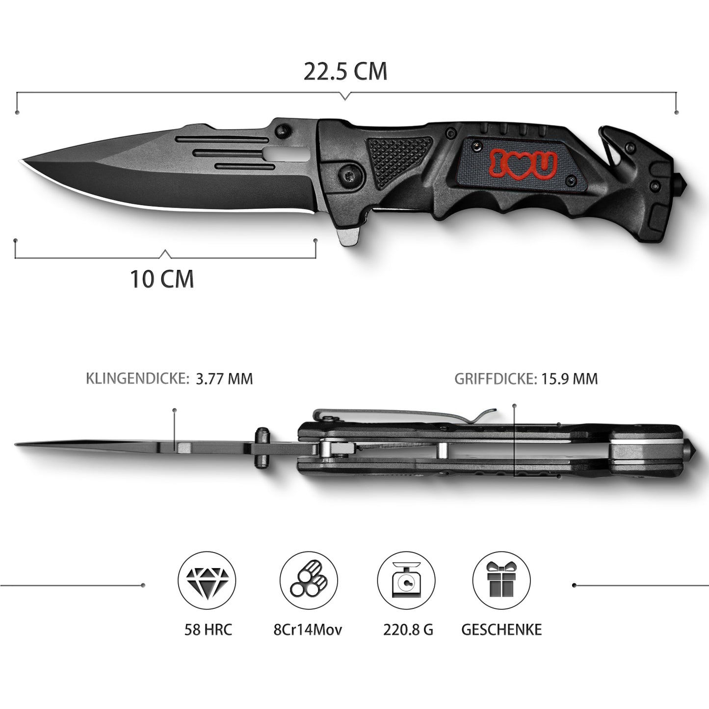 NedFoss DA75 Klappmesser for YOUR LOVE - 3 IN 1 Taschenmesser mit Glasbrecher und Gurtschneider, Einhandmesser, Rettungsmesser, Überlebensmesser, Vielseitiges Survival Messer