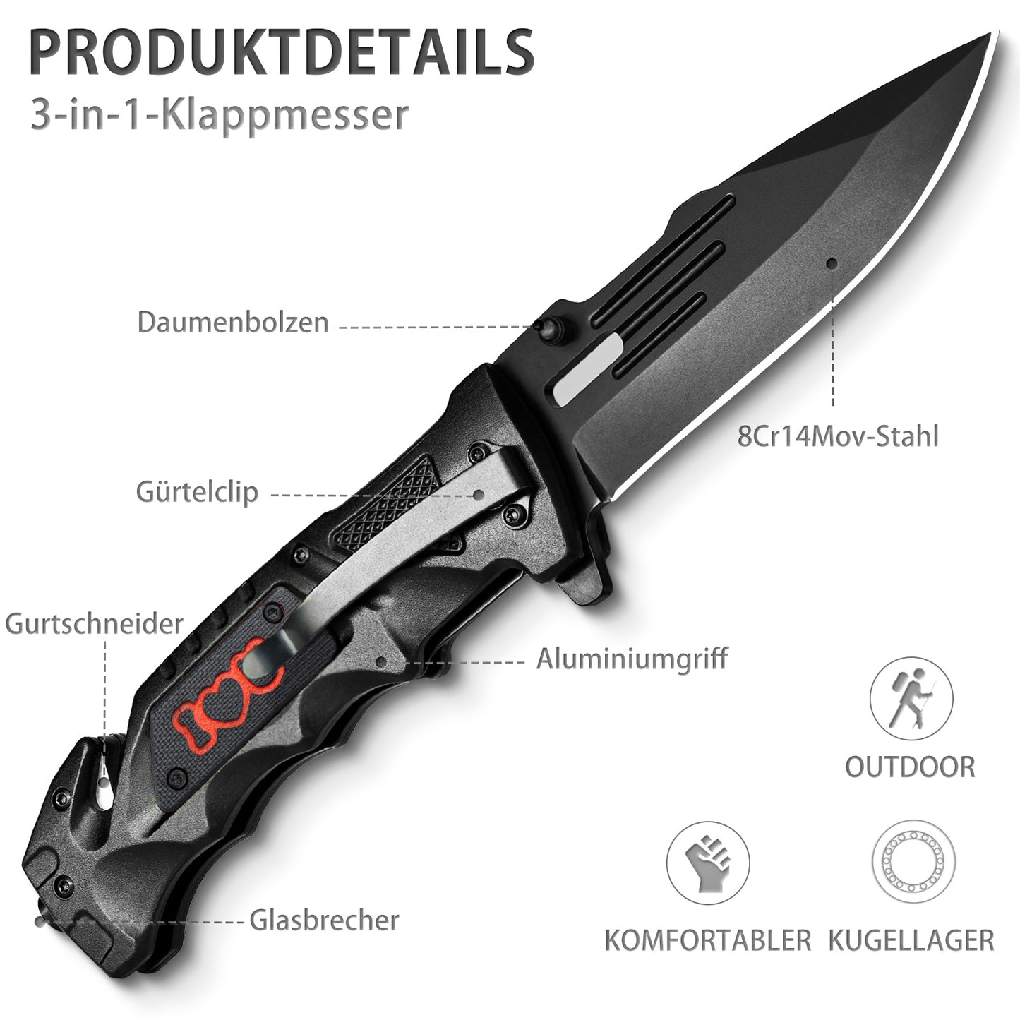 NedFoss DA75 Klappmesser for YOUR LOVE - 3 IN 1 Taschenmesser mit Glasbrecher und Gurtschneider, Einhandmesser, Rettungsmesser, Überlebensmesser, Vielseitiges Survival Messer