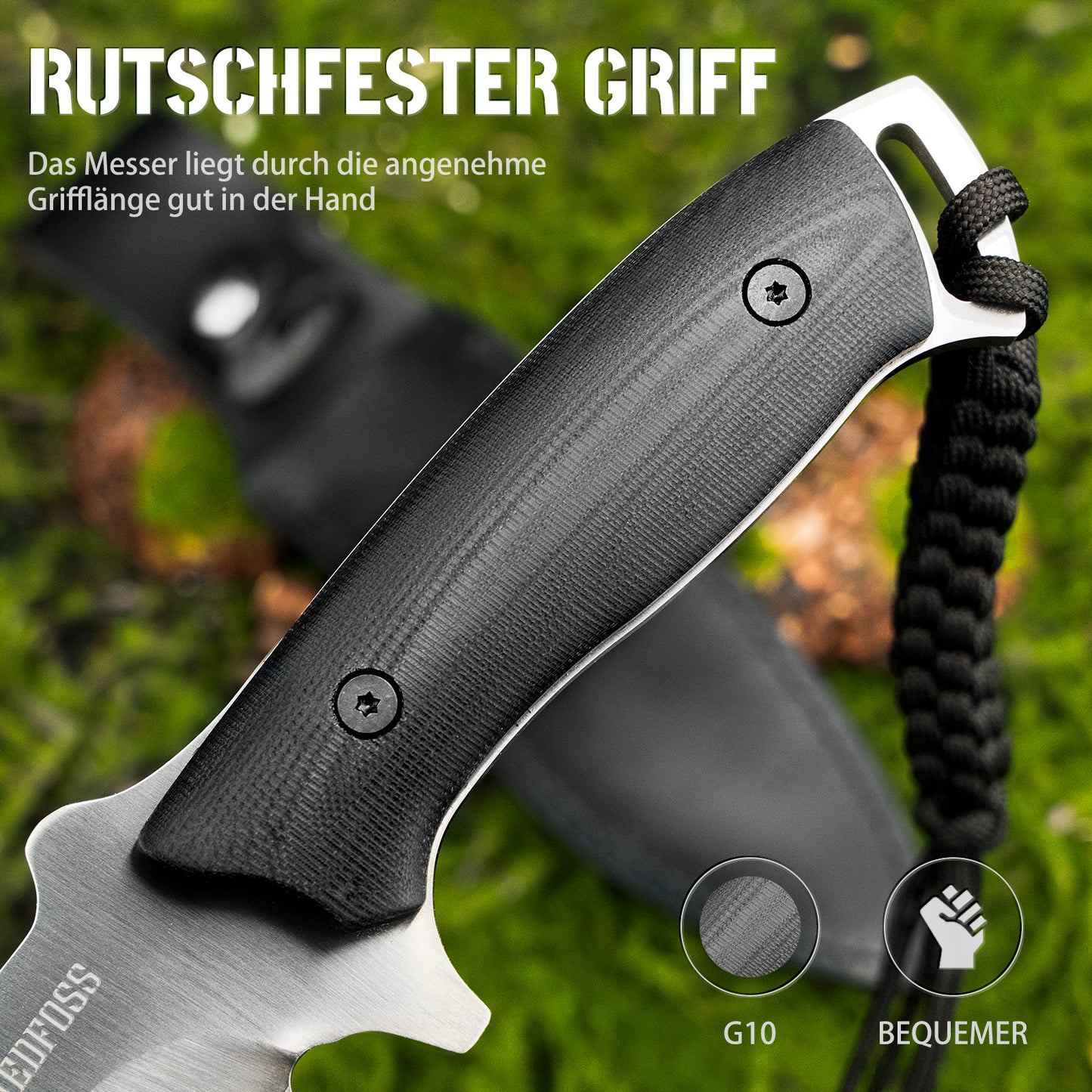 NedFoss BIG DOG Kukri Outdoor Messer mit Echtleder-Etui, Survial Jagdmesser aus einem stück Stahl gefertigt, Fahrtenmesser & Überlebensmesser mit Rutschfester G10 Griff, Schwarz