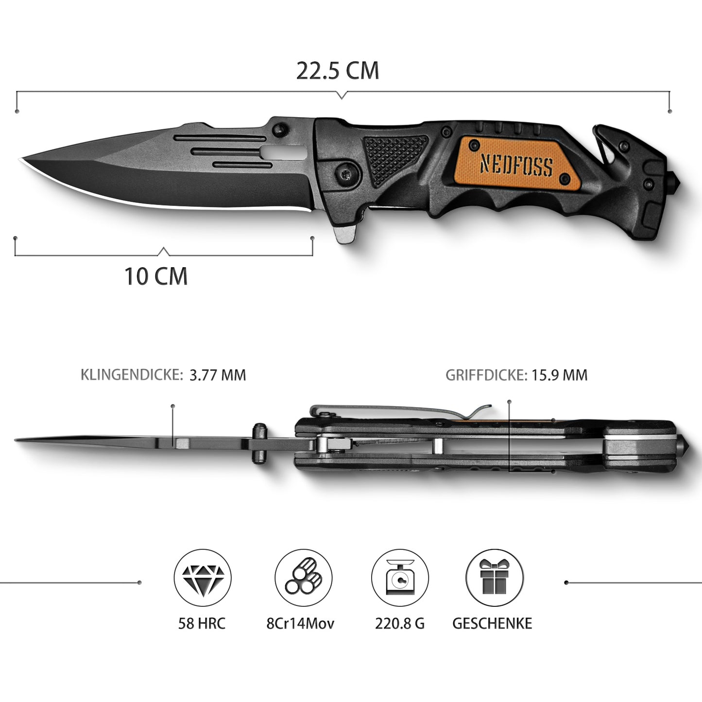 NedFoss DA75 Klappmesser - 3 IN 1 Taschenmesser mit Glasbrecher und Gurtschneider, Einhandmesser, Rettungsmesser, Überlebensmesser, Vielseitiges Survival Messer