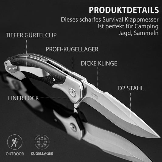 NedFoss SHARK Klappmesser, D2 Steel Taschenmesser, Einhandmeeser mit Messing Lager, Outdoor Taschenmesser mit Gürtelclip, Locking-Liner-Arretierung, Extra Scharf