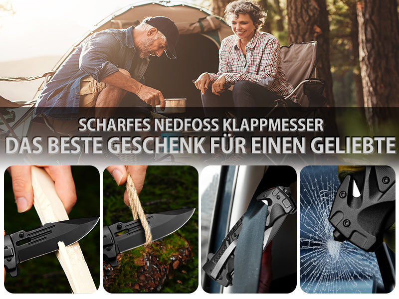 NedFoss DA75 Klappmesser for YOUR LOVE - 3 IN 1 Taschenmesser mit Glasbrecher und Gurtschneider, Einhandmesser, Rettungsmesser, Überlebensmesser, Vielseitiges Survival Messer