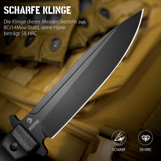NedFoss BLACK PHOENIX Outdoor Messer, 15cm Klinge Full Tang Survival Messer mit G10 Griff, Jagdmesser mit Holster