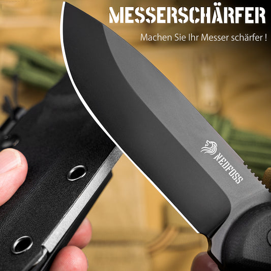 NedFoss BLACK SEAL Outdoor Messer, 10.5cm Full Tang Survival messer mit Feuerstahl und Schärfer, Messer Outdoor feststehend mit G10 Griff