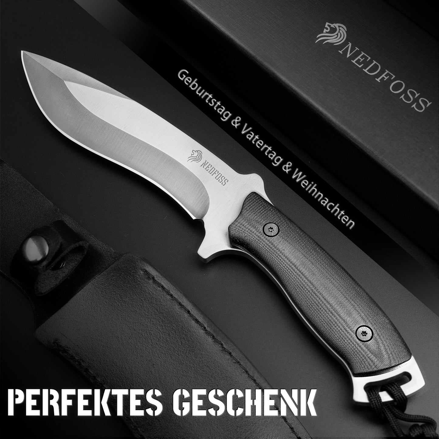 NedFoss BIG DOG Kukri Outdoor Messer mit Echtleder-Etui, Survial Jagdmesser aus einem stück Stahl gefertigt, Fahrtenmesser & Überlebensmesser mit Rutschfester G10 Griff, Schwarz