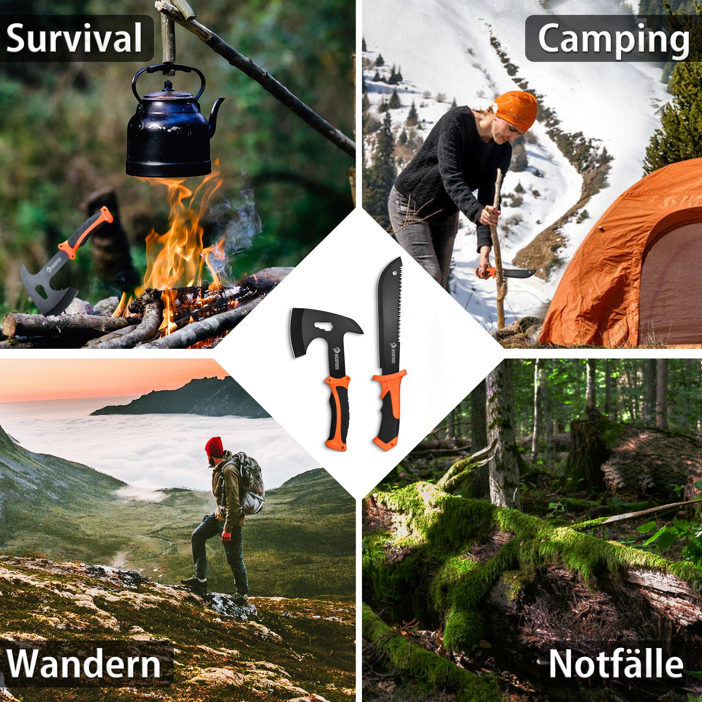 NedFoss JUNGLE AXES SET 2er Survival Outdoor Messer Set,  Camping Messer Set inkl. Camping Axt & Outdoor Messer