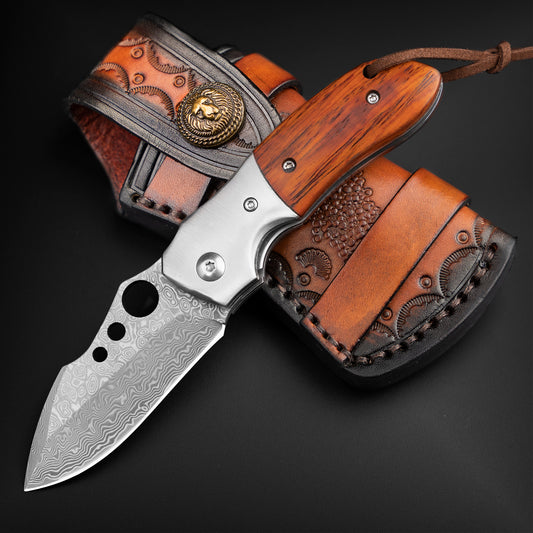 NedFoss PARROT Damast Taschenmesser, Damast     Klappmesser, EDC Messer aus Damaststahl und Holzgriff, extra scharf