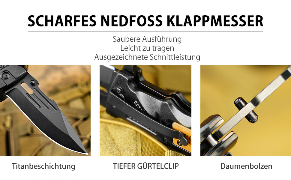NedFoss DA75 Klappmesser - 3 IN 1 Taschenmesser mit Glasbrecher und Gurtschneider, Einhandmesser, Rettungsmesser, Überlebensmesser, Vielseitiges Survival Messer