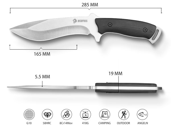 NedFoss BIG DOG Kukri Outdoor Messer mit Echtleder-Etui, Survial Jagdmesser aus einem stück Stahl gefertigt, Fahrtenmesser & Überlebensmesser mit Rutschfester G10 Griff, Schwarz