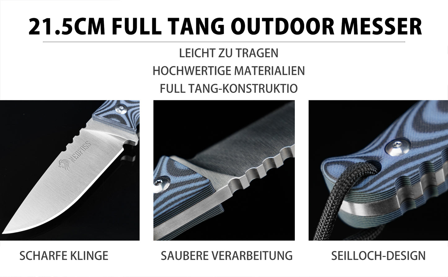 NedFoss HYENAS Outdoor Messer, 9cm Full tang Survival Messer mit Kydex Holster, scharfes Bushcraft Messer mit rutschfestem G10 Griff, Jagdmesser, Fahrtenmesser