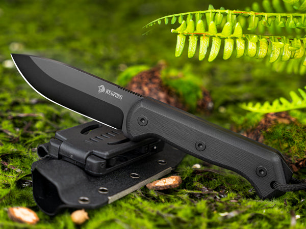 NedFoss BLACK SEAL Outdoor Messer, 10.5cm Full Tang Survival messer mit Feuerstahl und Schärfer, Messer Outdoor feststehend mit G10 Griff