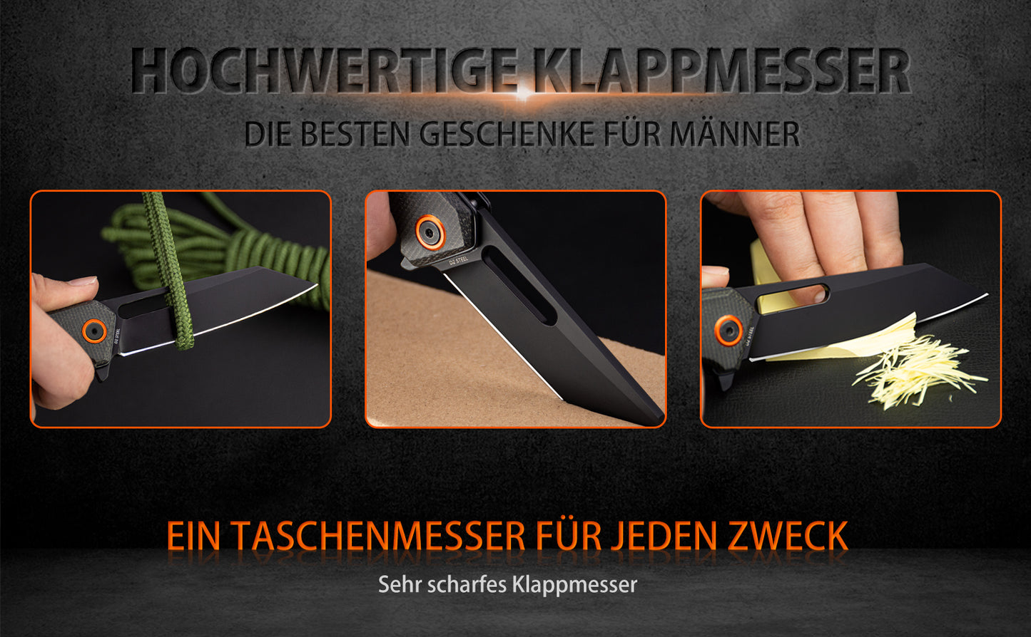 NedFoss BLACK MAMBA Klappmesser, Tanto Taschenmesser aus 9cm D2 Stahl und Micarta Griff, Einhandmesser mit tiefer Gürtelclip