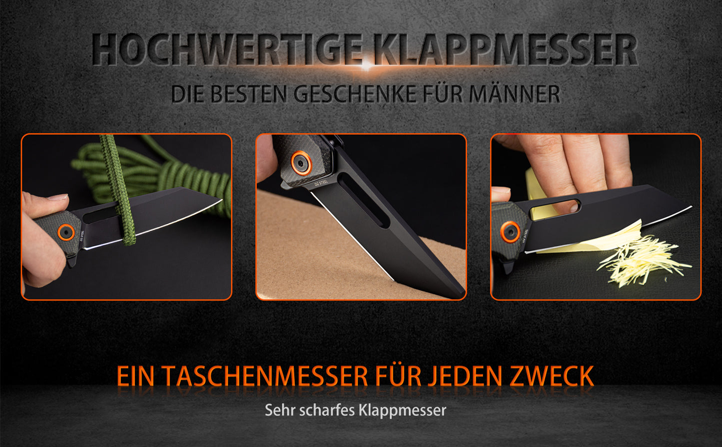 NedFoss BLACK MAMBA Klappmesser, Sharf Taschenmesser aus 9cm D2 Stahl und Micarta Griff,  Einhandmesser mit Gürtelclip