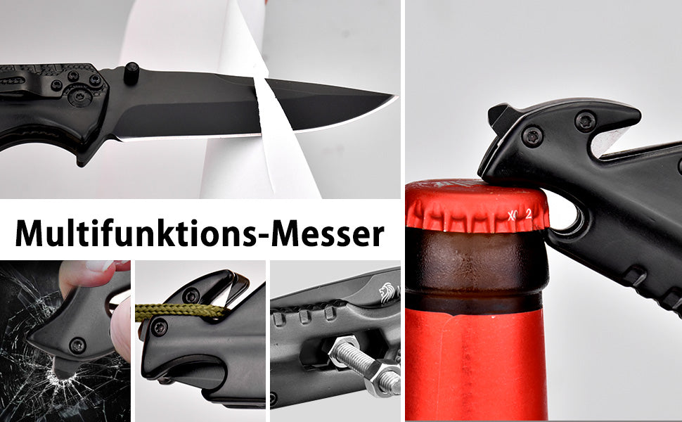 NedFoss FA48 Klappmesser,  4-in-1 Outdoor Taschenmesser, Survival  Einhandmesser, Scharfes Rettungsmessermit Flascheöffner, Gurtschneider und Glasbrecher