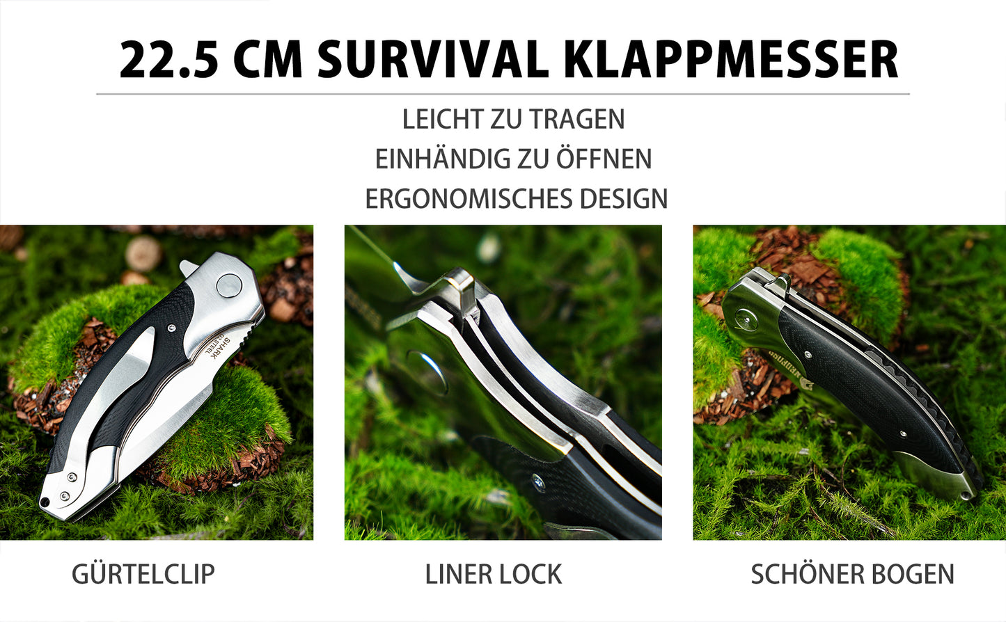 NedFoss SHARK Klappmesser, D2 Steel Taschenmesser, Einhandmeeser mit Messing Lager, Outdoor Taschenmesser mit Gürtelclip, Locking-Liner-Arretierung, Extra Scharf