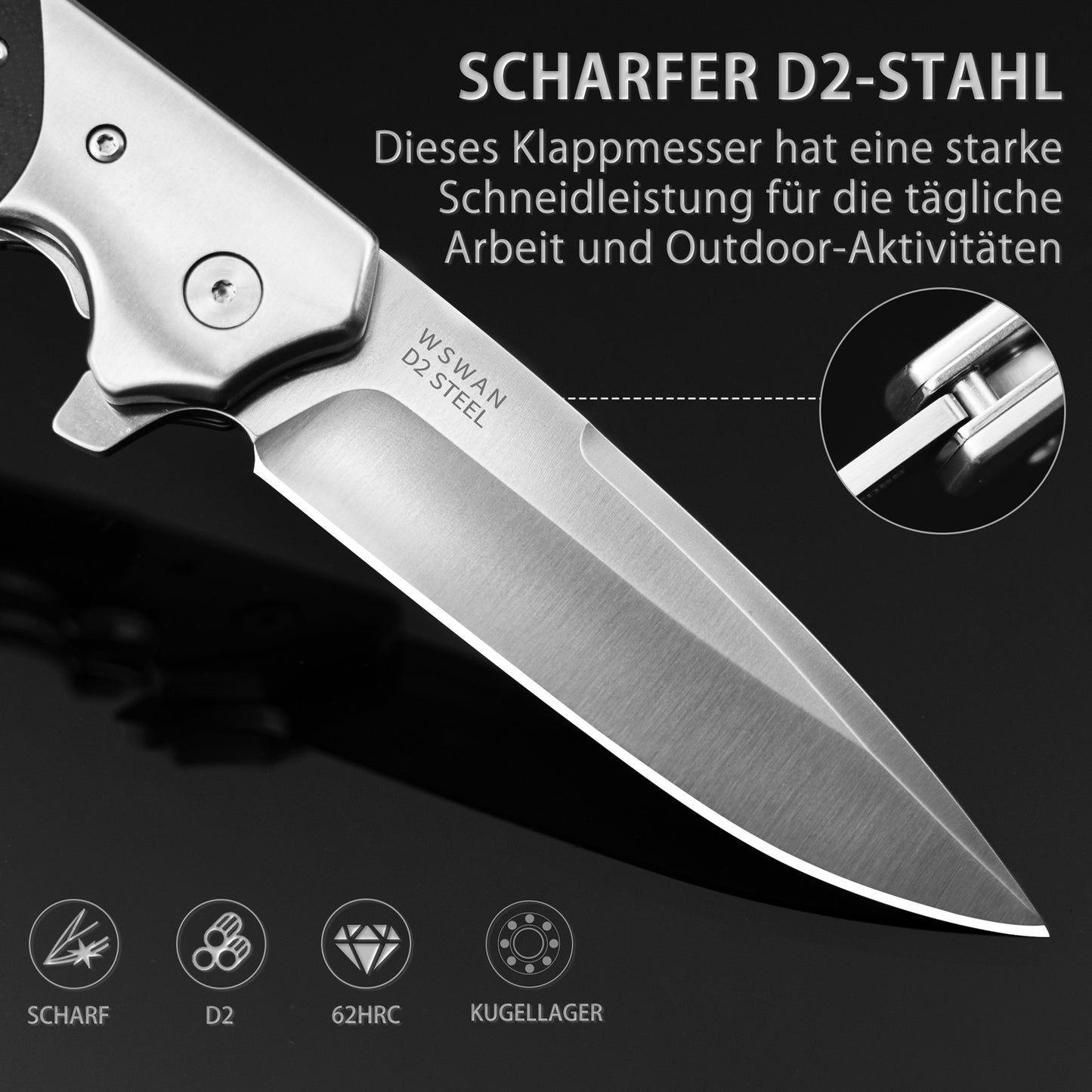 Nedfoss SWAN Klappmesser, D2 Stahl Taschenmesser mit G10 Griff, Scharfes Einhandmesser Klappmesser mit Gürtelclip