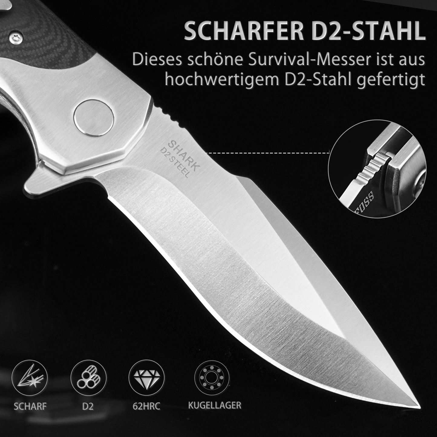 NedFoss SHARK Klappmesser, D2 Steel Taschenmesser, Einhandmeeser mit Messing Lager, Outdoor Taschenmesser mit Gürtelclip, Locking-Liner-Arretierung, Extra Scharf