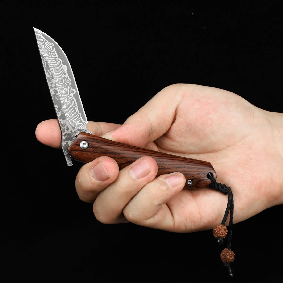 NedFoss Damast Taschenmesser Klappmesser ELK, Damaststahl Messer Outdoor Damastmesser Folder Knife 7cm Klinge (Schwarz)