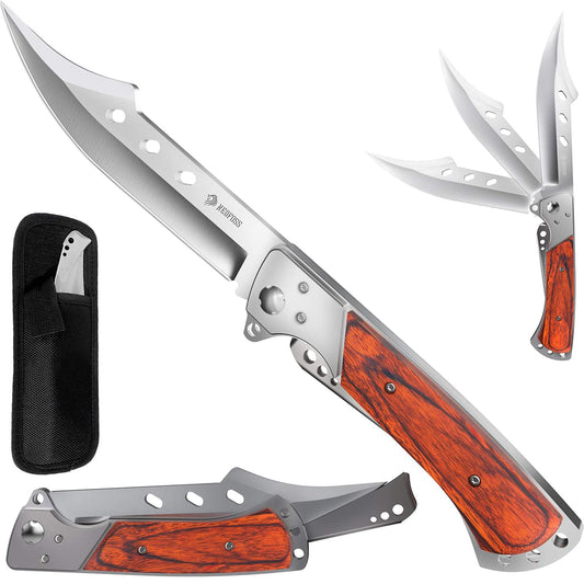 NedFoss FA50 Klappmesser, Zweihandmesser, Klapp Jagdmesser mit Rosenholz Griff, Großes Outdoor Messer für Camping & Wandern, Survival-Messer, Jagdmesser mit Gürteltasche