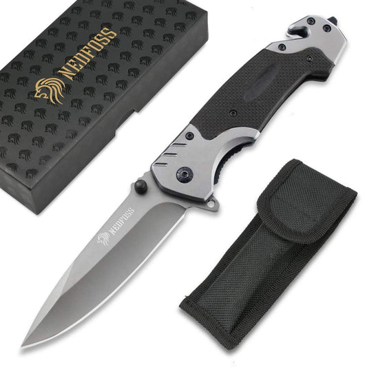 NedFoss FA18 Klappmesser, 9cm Scharfes Taschenmesser, Outdoor Survival Messer, Rettungsmesser mit Gurtschneider und Glasbrecher