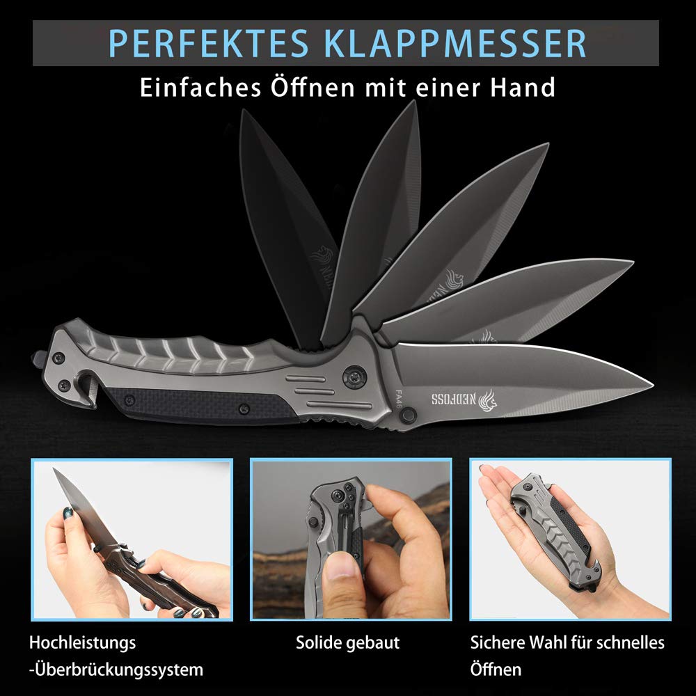NedFoss FA46 Klappmesser, 3-in-1 Outdoor Taschenmesser, Survival Einhandmesser, Scharfes Rettungsmesser mit Glasbrecher und Gürteltasche