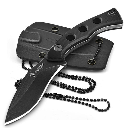 NedFoss SQUIRRE Neck Knife Messer mit Kette, Full Tang, Mini Outdoor Messer, Bushcraft Messer mit schwarze Kydex Scheide