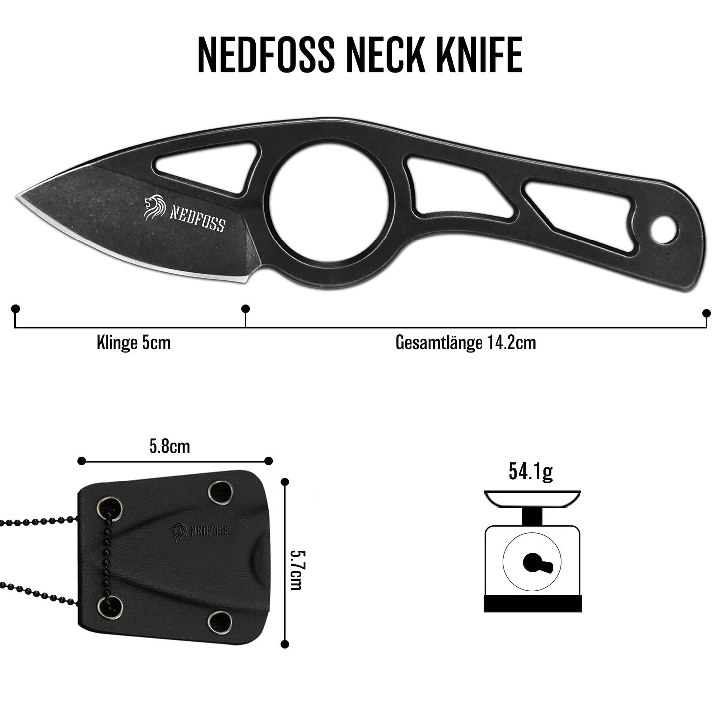 NEDFOSS CROW Neck Knife Messer, EDC Messer, Mini Survival Outdoor Messer, inklusive Kydex Scheide