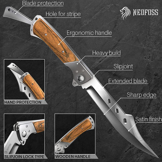 NedFoss FA50 Klappmesser, Zweihandmesser, Klapp Jagdmesser mit Rosenholz Griff, Großes Outdoor Messer für Camping & Wandern, Survival-Messer, Jagdmesser mit Gürteltasche