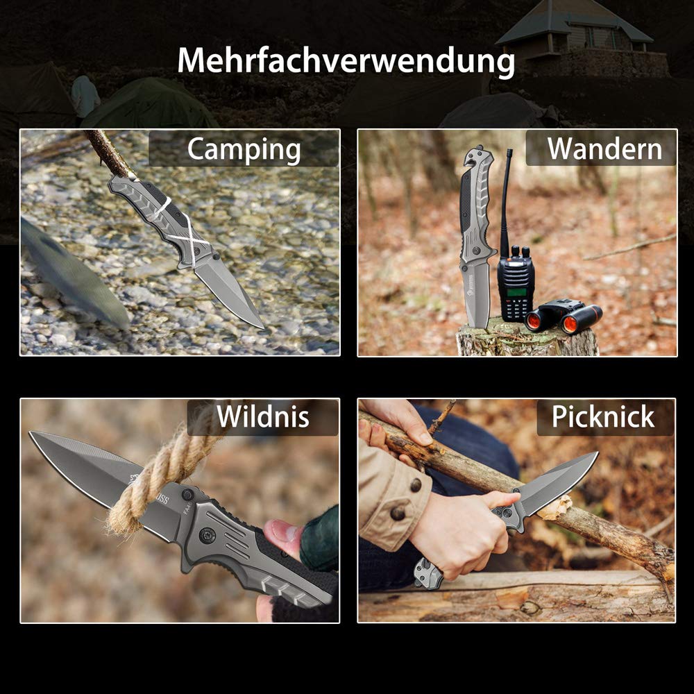 NedFoss FA46 Klappmesser, 3-in-1 Outdoor Taschenmesser, Survival Einhandmesser, Scharfes Rettungsmesser mit Glasbrecher und Gürteltasche