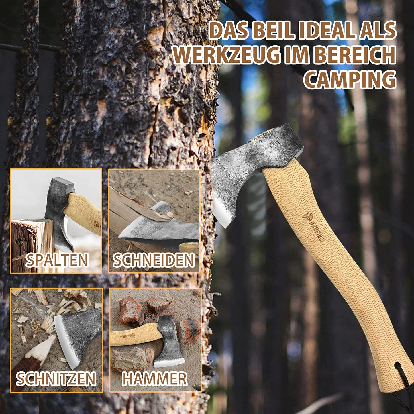 NedFoss HIPPO Axt, 33cm Camping Axt, Beil & Survival Axt, Hatchet & axt klein mit Holz Griff – Premium Jägerbeil robust- small Axe