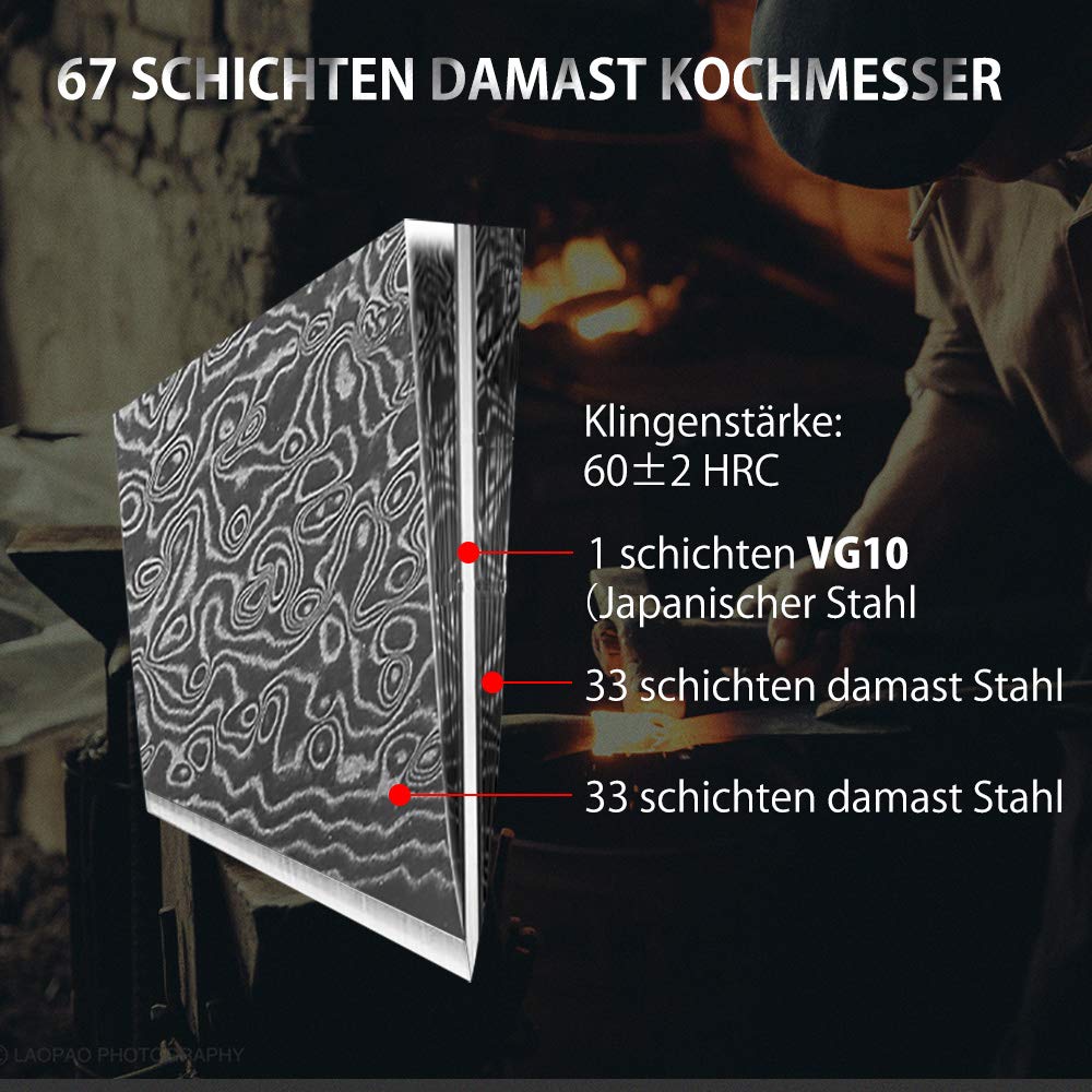 Nedfoss Kuchenmesser Kochmesser & damast fleischmesser aus 67 Schichten japanischem VG10 Damaststahl, Damastmesser Profi Messer mit rutschfestem G10 Griff, Santoku Messer 29cm, Extra Scharf