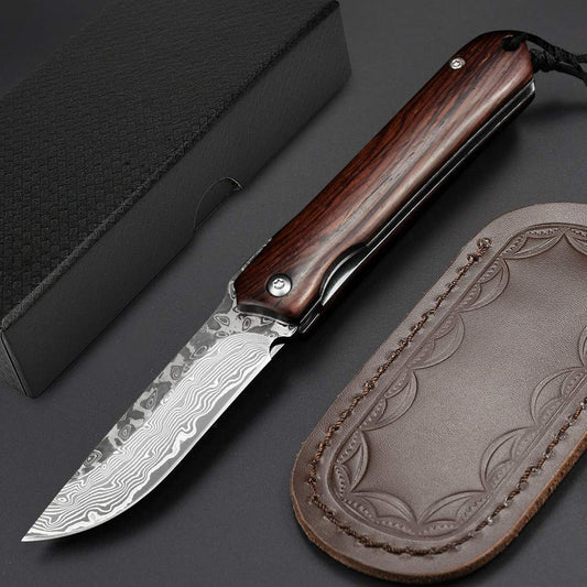 NedFoss Damast Taschenmesser Klappmesser ELK, Damaststahl Messer Outdoor Damastmesser Folder Knife 7cm Klinge (Schwarz)