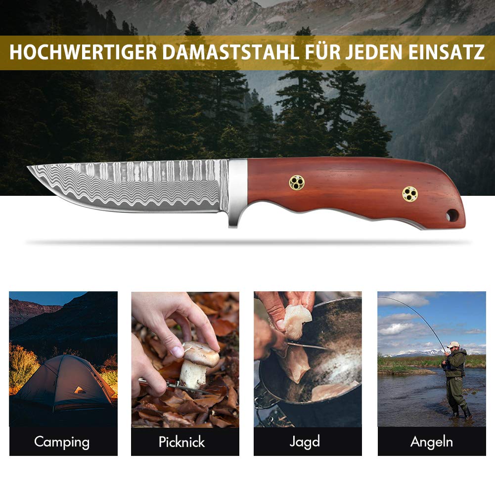 Nedfoss HUNTING KNIFE Damast Jagdmesser, andgefertigtes Damast-Jagdmesser mit schönem Muster, Gürtelmesser mit Scheide, scharfe Outdoor-Messer für die Jagd, Camping und Sammeln