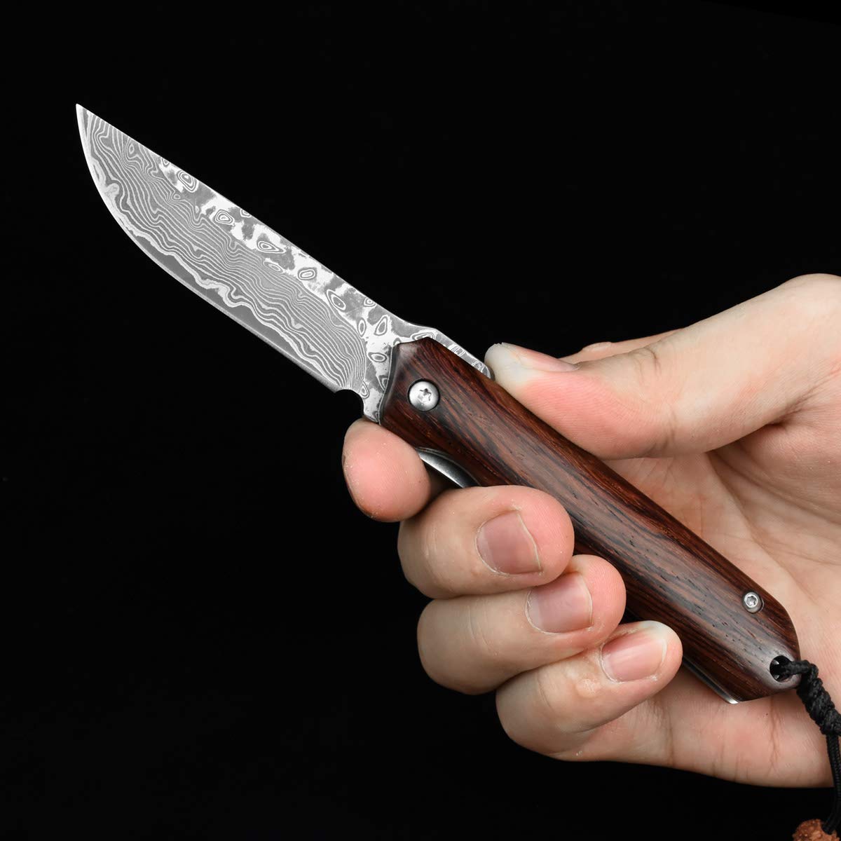 NedFoss Damast Taschenmesser Klappmesser ELK, Damaststahl Messer Outdoor Damastmesser Folder Knife 7cm Klinge (Schwarz)